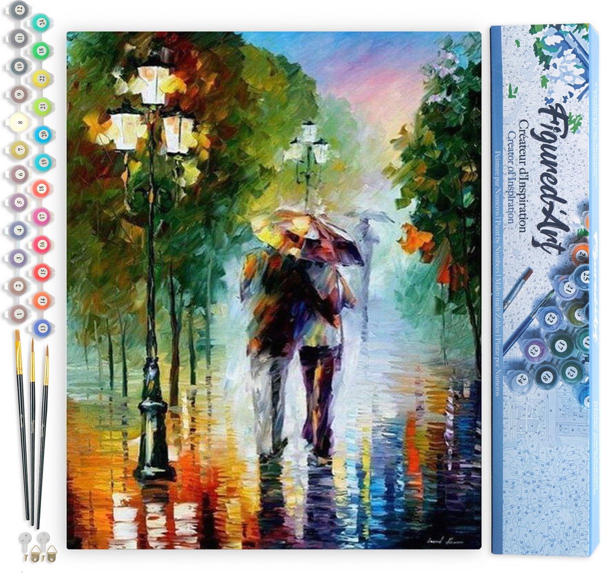 FiguredArt Schilderen op Nummer Volwassenen canvas Romantiek onder de regen - Handwerk acrylverf Kit DIY Compleet - 40x50cm zonder frame